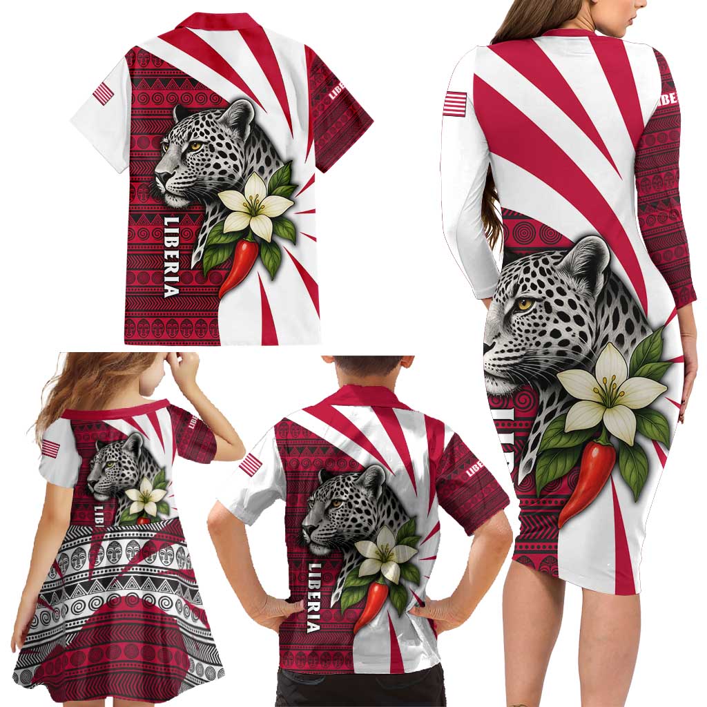 Liberia Family Matching Long Sleeve Bodycon Dress and Hawaiian Shirt with Leopard Head, White Lily, and Red Chili Tribal Design - Wonder Print Shop