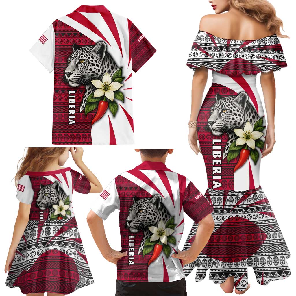 Liberia Family Matching Mermaid Dress and Hawaiian Shirt with Leopard Head, White Lily, and Red Chili Tribal Design - Wonder Print Shop