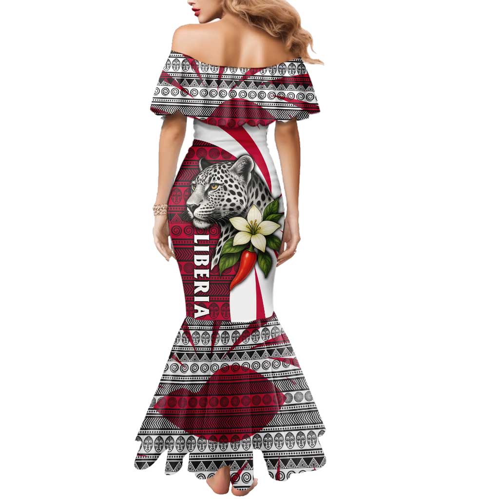 Liberia Family Matching Mermaid Dress and Hawaiian Shirt with Leopard Head, White Lily, and Red Chili Tribal Design - Wonder Print Shop