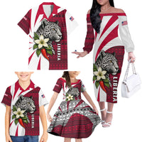 Liberia Family Matching Off The Shoulder Long Sleeve Dress and Hawaiian Shirt with Leopard Head, White Lily, and Red Chili Tribal Design - Wonder Print Shop