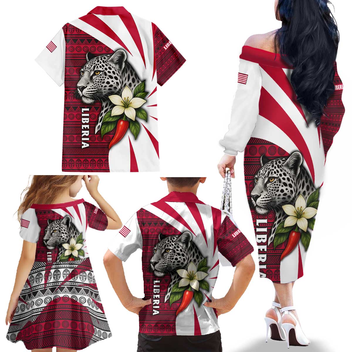 Liberia Family Matching Off The Shoulder Long Sleeve Dress and Hawaiian Shirt with Leopard Head, White Lily, and Red Chili Tribal Design - Wonder Print Shop