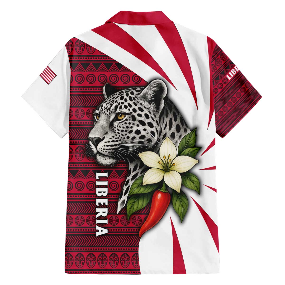 Liberia Family Matching Off The Shoulder Long Sleeve Dress and Hawaiian Shirt with Leopard Head, White Lily, and Red Chili Tribal Design - Wonder Print Shop