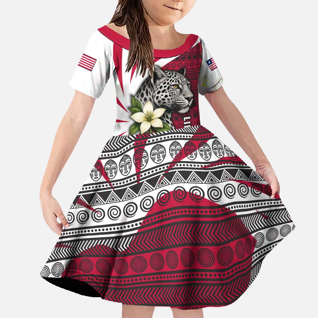 Liberia Family Matching Off Shoulder Maxi Dress and Hawaiian Shirt with Leopard Head, White Lily, and Red Chili Tribal Design - Wonder Print Shop