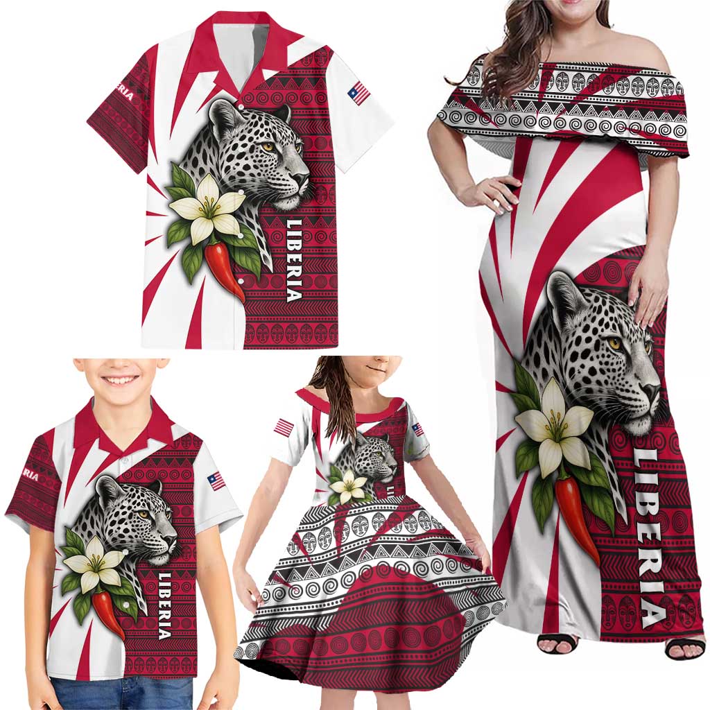 Liberia Family Matching Off Shoulder Maxi Dress and Hawaiian Shirt with Leopard Head, White Lily, and Red Chili Tribal Design - Wonder Print Shop