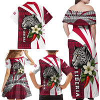 Liberia Family Matching Off Shoulder Maxi Dress and Hawaiian Shirt with Leopard Head, White Lily, and Red Chili Tribal Design - Wonder Print Shop