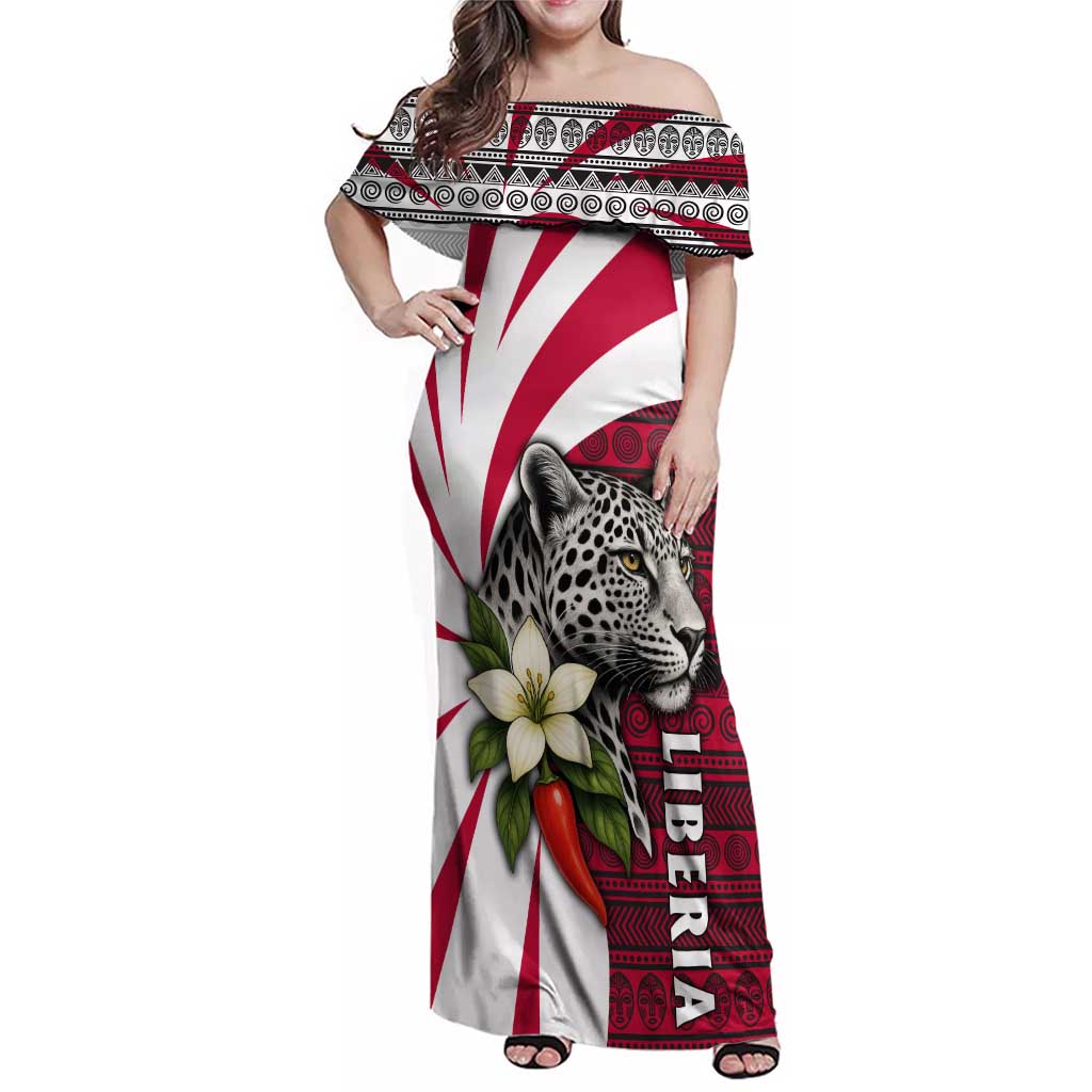 Liberia Family Matching Off Shoulder Maxi Dress and Hawaiian Shirt with Leopard Head, White Lily, and Red Chili Tribal Design - Wonder Print Shop
