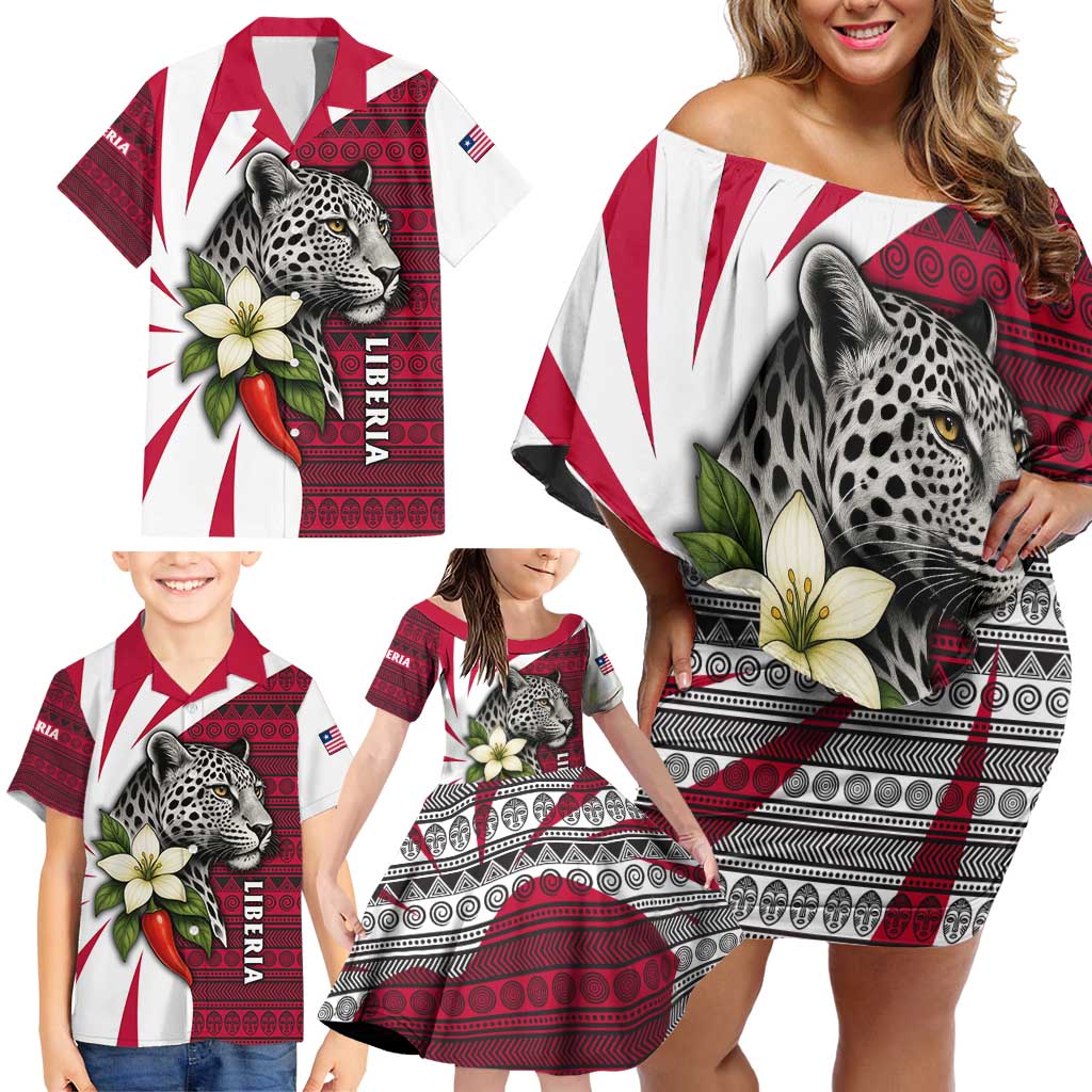 Liberia Family Matching Off Shoulder Short Dress and Hawaiian Shirt with Leopard Head, White Lily, and Red Chili Tribal Design - Wonder Print Shop