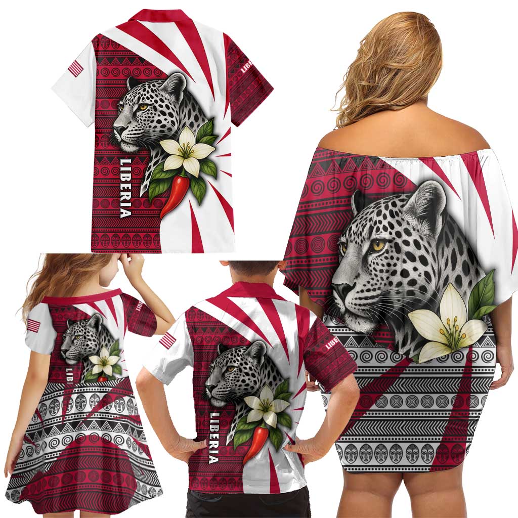 Liberia Family Matching Off Shoulder Short Dress and Hawaiian Shirt with Leopard Head, White Lily, and Red Chili Tribal Design - Wonder Print Shop