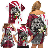 Liberia Family Matching Off Shoulder Short Dress and Hawaiian Shirt with Leopard Head, White Lily, and Red Chili Tribal Design - Wonder Print Shop