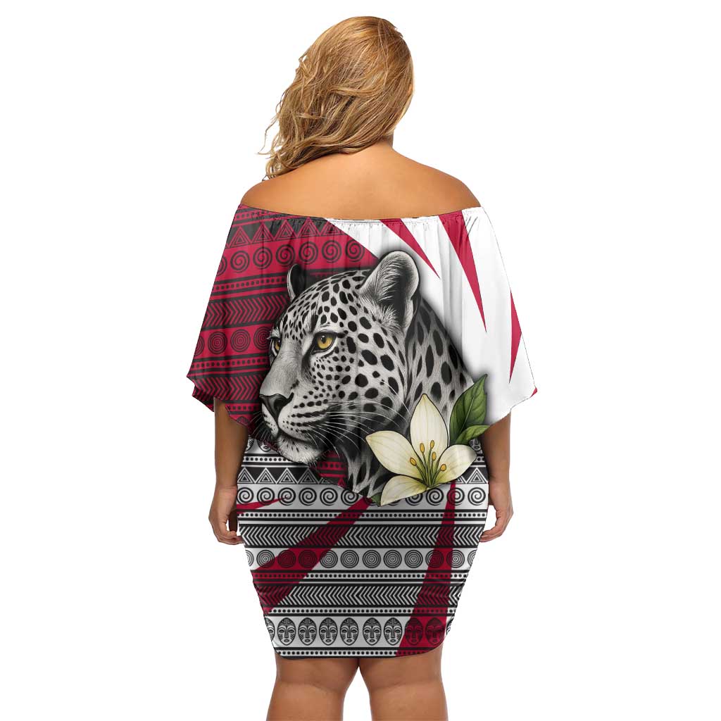 Liberia Family Matching Off Shoulder Short Dress and Hawaiian Shirt with Leopard Head, White Lily, and Red Chili Tribal Design - Wonder Print Shop