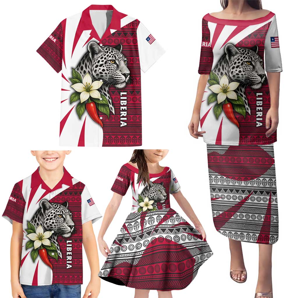 Liberia Family Matching Puletasi and Hawaiian Shirt with Leopard Head, White Lily, and Red Chili Tribal Design - Wonder Print Shop
