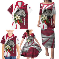 Liberia Family Matching Puletasi and Hawaiian Shirt with Leopard Head, White Lily, and Red Chili Tribal Design - Wonder Print Shop