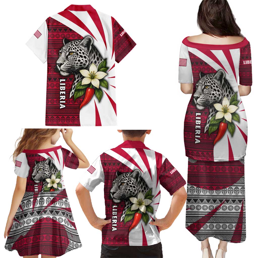 Liberia Family Matching Puletasi and Hawaiian Shirt with Leopard Head, White Lily, and Red Chili Tribal Design - Wonder Print Shop