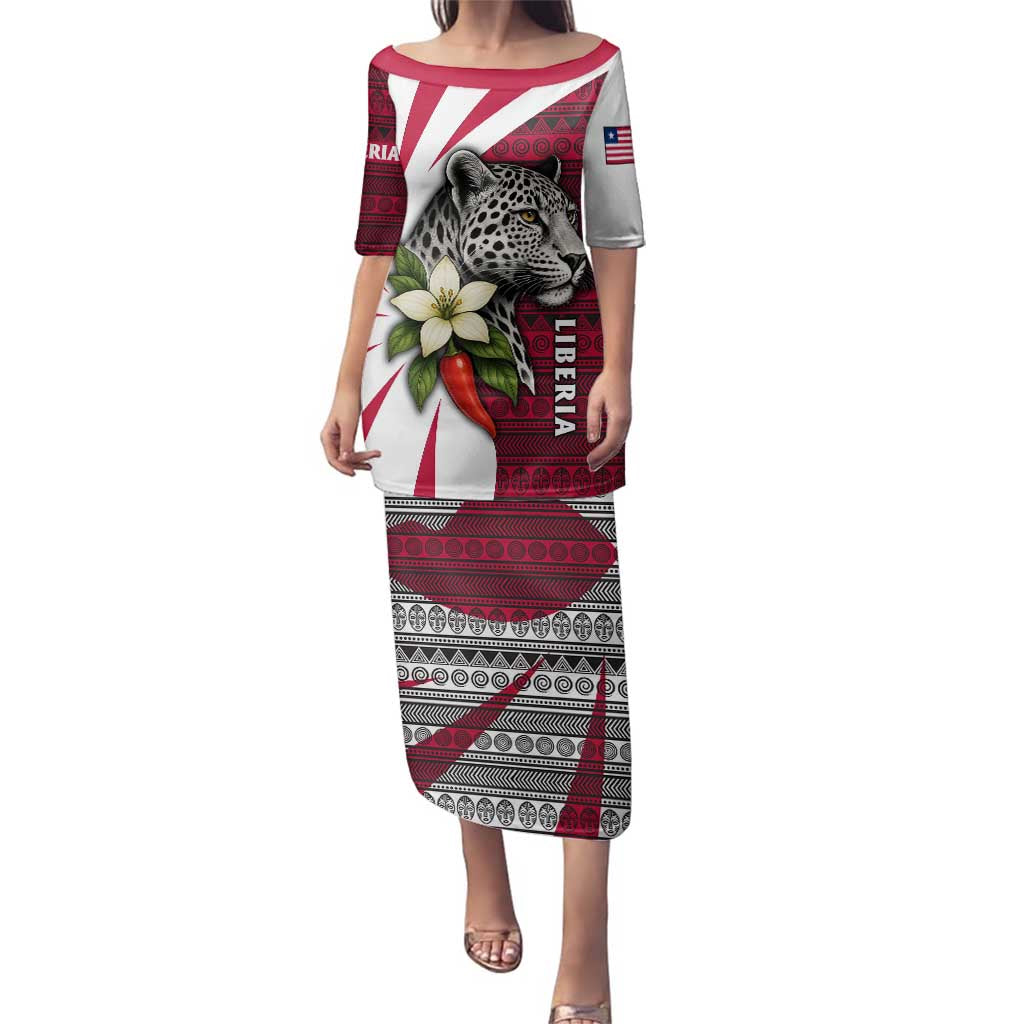 Liberia Family Matching Puletasi and Hawaiian Shirt with Leopard Head, White Lily, and Red Chili Tribal Design - Wonder Print Shop