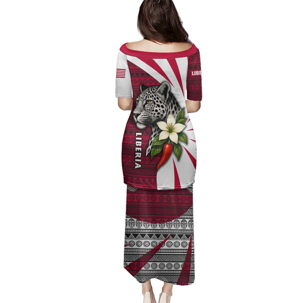 Liberia Family Matching Puletasi and Hawaiian Shirt with Leopard Head, White Lily, and Red Chili Tribal Design - Wonder Print Shop