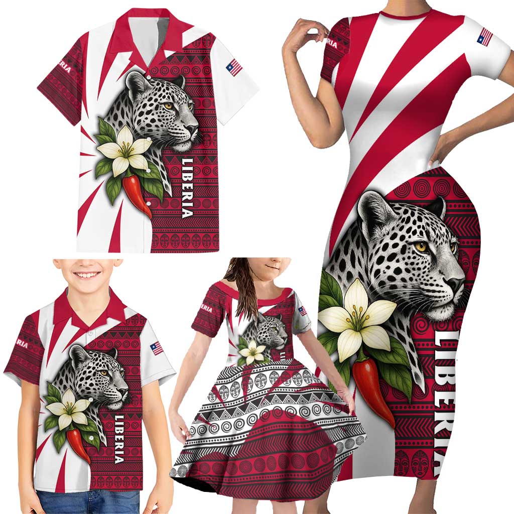 Liberia Family Matching Short Sleeve Bodycon Dress and Hawaiian Shirt with Leopard Head, White Lily, and Red Chili Tribal Design - Wonder Print Shop