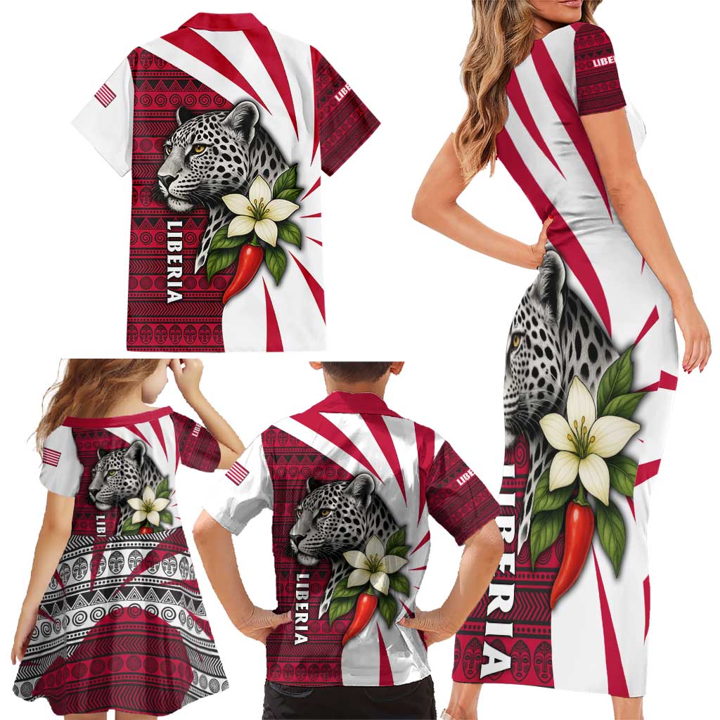 Liberia Family Matching Short Sleeve Bodycon Dress and Hawaiian Shirt with Leopard Head, White Lily, and Red Chili Tribal Design - Wonder Print Shop
