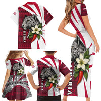 Liberia Family Matching Short Sleeve Bodycon Dress and Hawaiian Shirt with Leopard Head, White Lily, and Red Chili Tribal Design - Wonder Print Shop