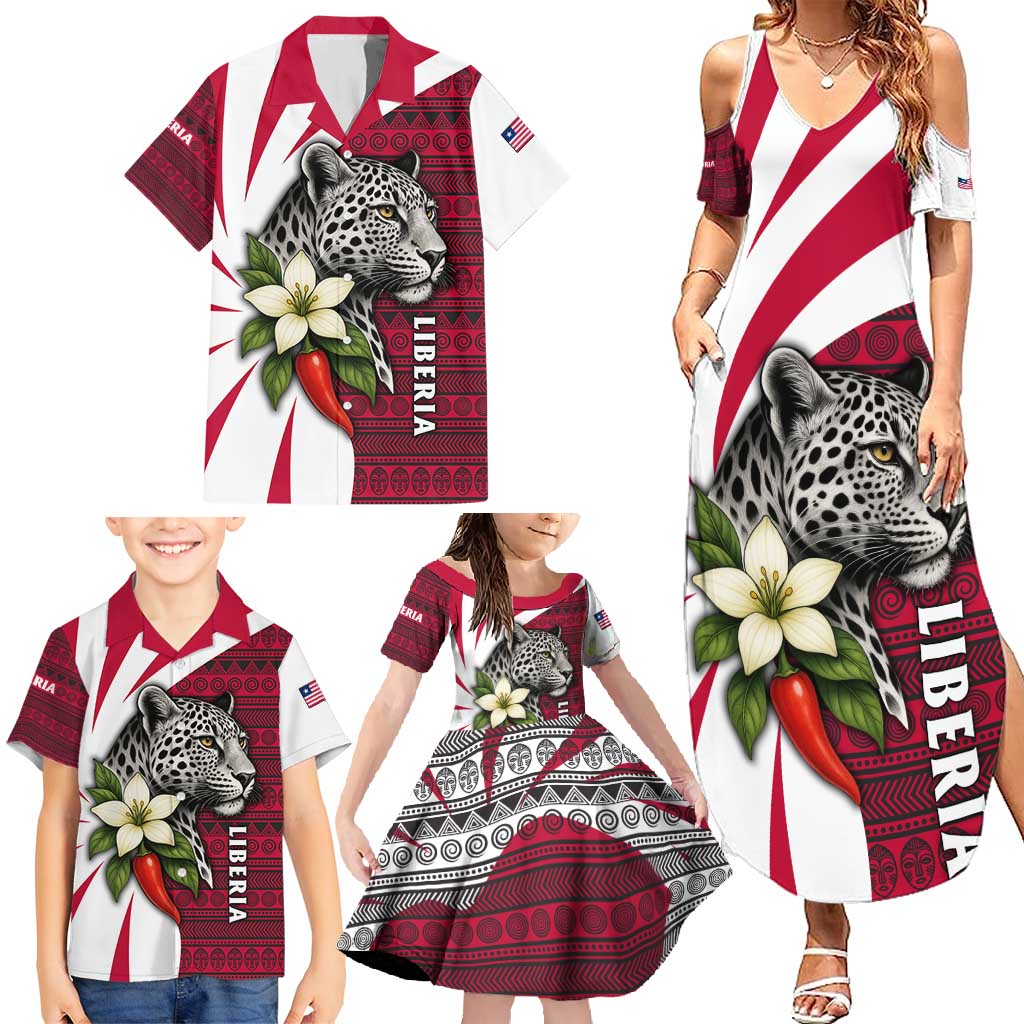 Liberia Family Matching Summer Maxi Dress and Hawaiian Shirt with Leopard Head, White Lily, and Red Chili Tribal Design - Wonder Print Shop
