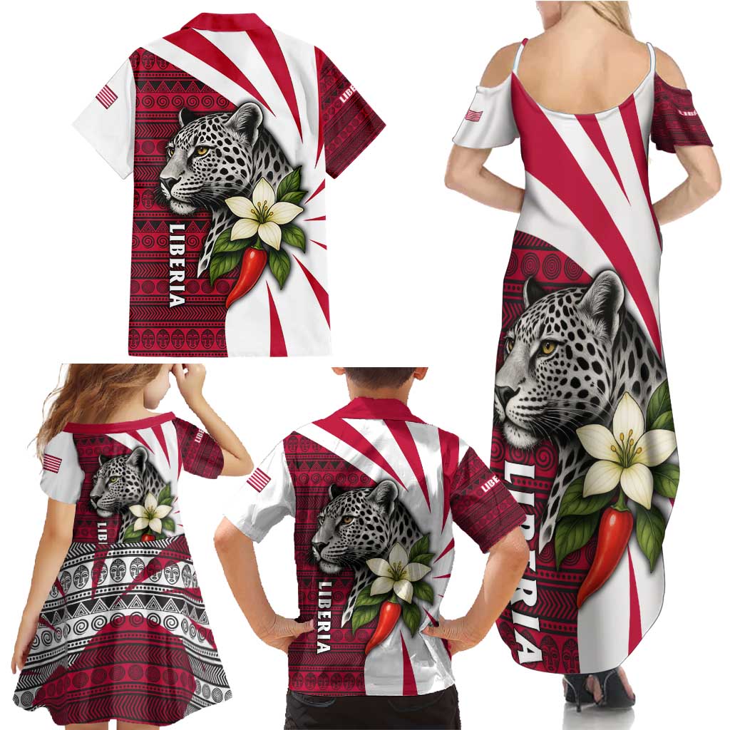 Liberia Family Matching Summer Maxi Dress and Hawaiian Shirt with Leopard Head, White Lily, and Red Chili Tribal Design - Wonder Print Shop
