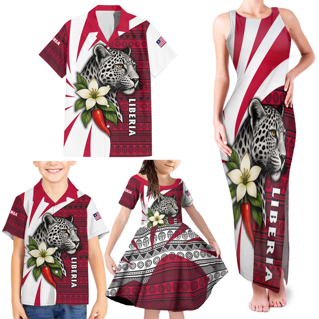 Liberia Family Matching Tank Maxi Dress and Hawaiian Shirt with Leopard Head, White Lily, and Red Chili Tribal Design - Wonder Print Shop