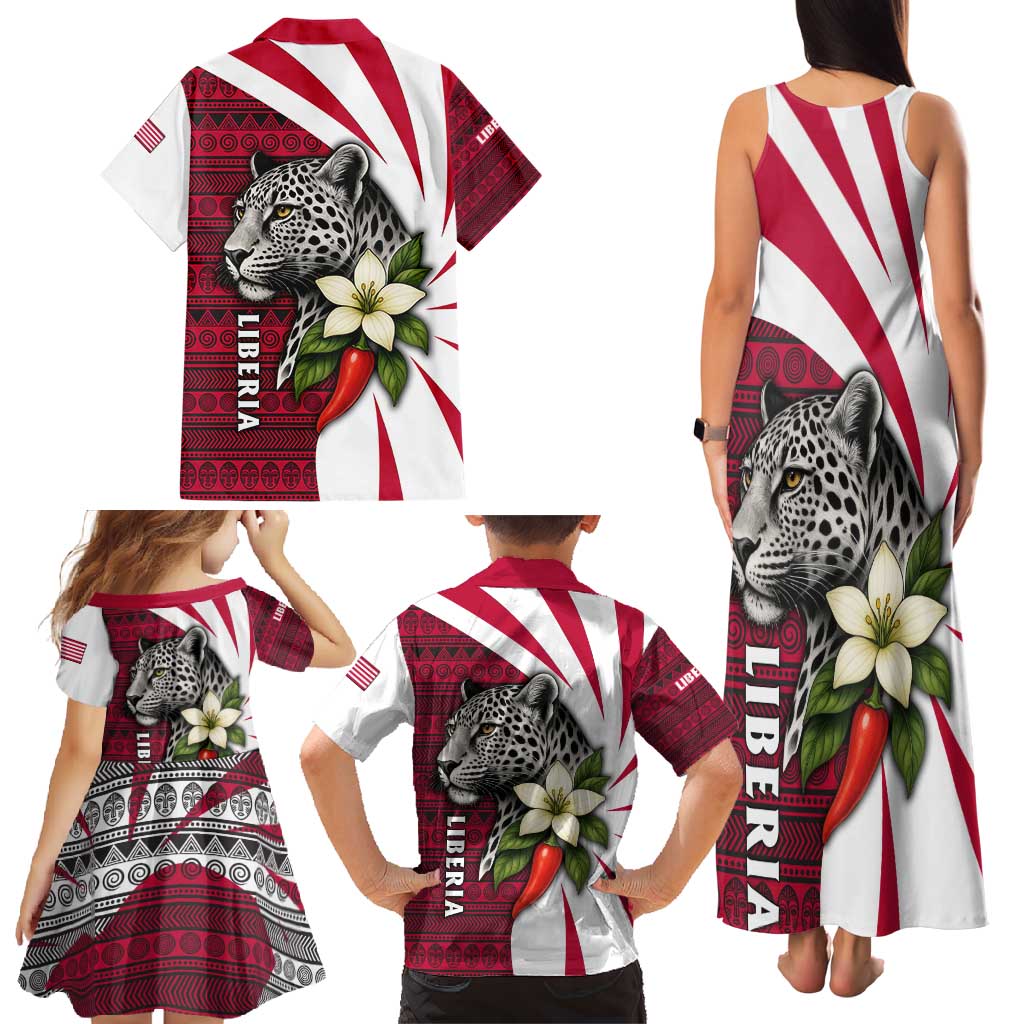 Liberia Family Matching Tank Maxi Dress and Hawaiian Shirt with Leopard Head, White Lily, and Red Chili Tribal Design - Wonder Print Shop