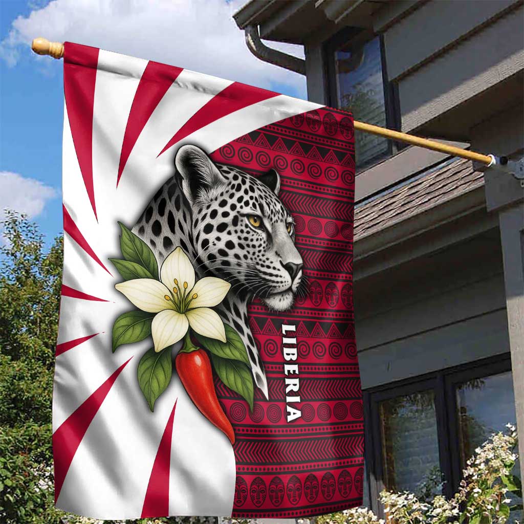 Liberia Garden Flag with Leopard Head, White Lily, and Red Chili Tribal Design - Wonder Print Shop