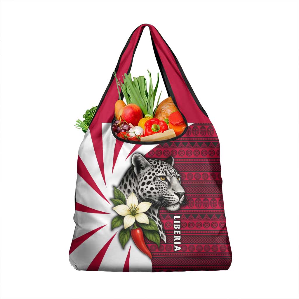 Liberia Grocery Bag with Leopard Head, White Lily, and Red Chili Tribal Design - Wonder Print Shop