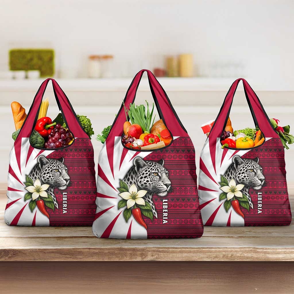 Liberia Grocery Bag with Leopard Head, White Lily, and Red Chili Tribal Design - Wonder Print Shop