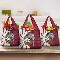 Liberia Grocery Bag with Leopard Head, White Lily, and Red Chili Tribal Design - Wonder Print Shop