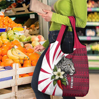 Liberia Grocery Bag with Leopard Head, White Lily, and Red Chili Tribal Design - Wonder Print Shop