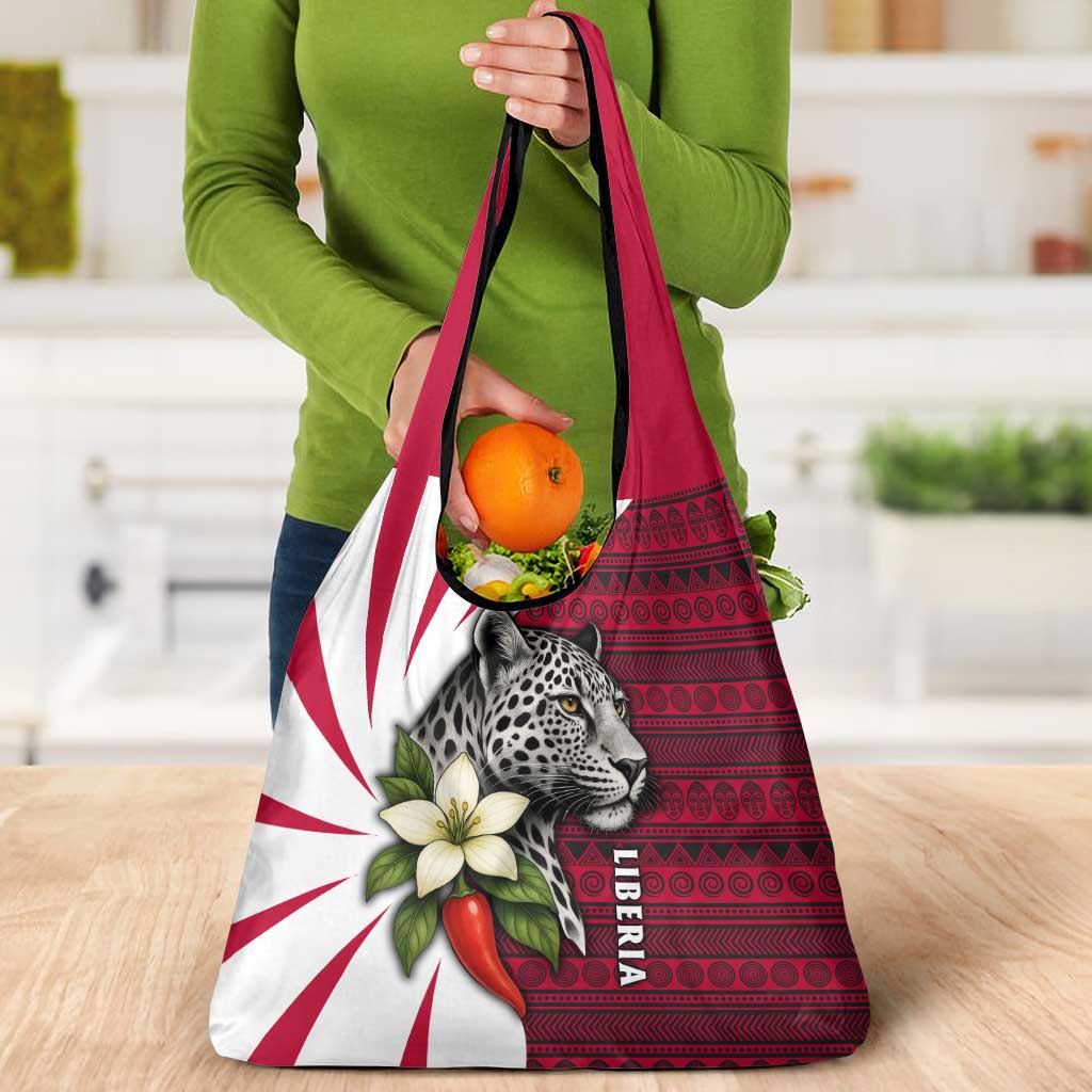 Liberia Grocery Bag with Leopard Head, White Lily, and Red Chili Tribal Design - Wonder Print Shop