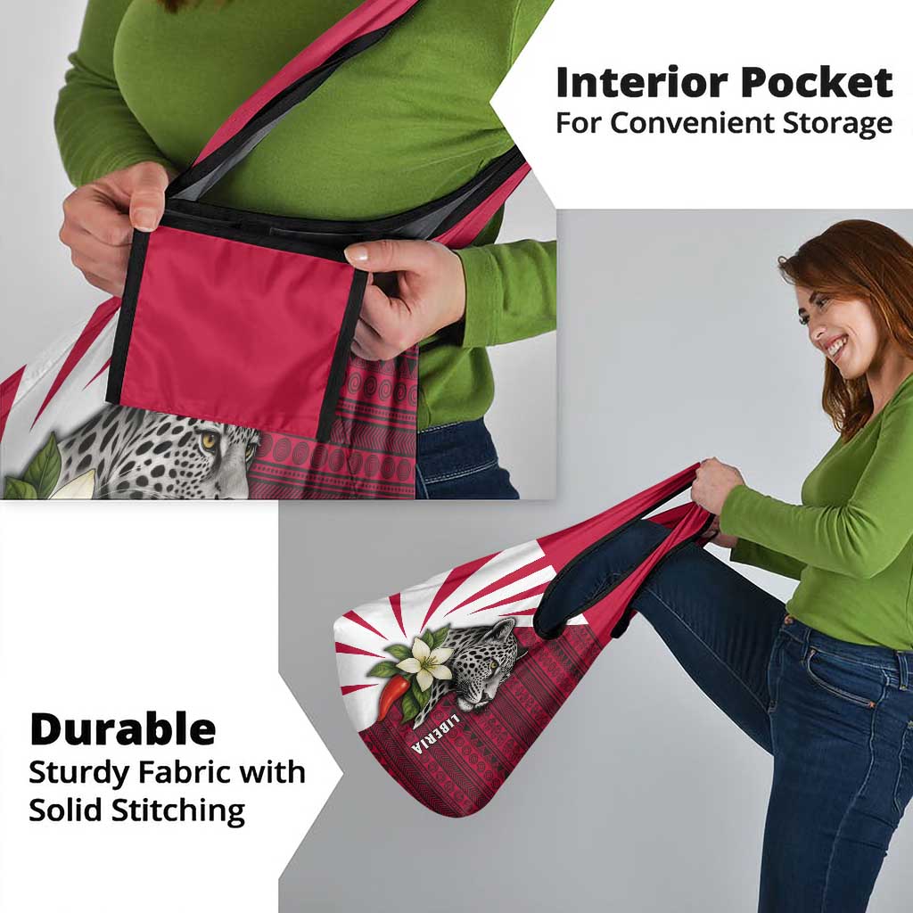 Liberia Grocery Bag with Leopard Head, White Lily, and Red Chili Tribal Design - Wonder Print Shop