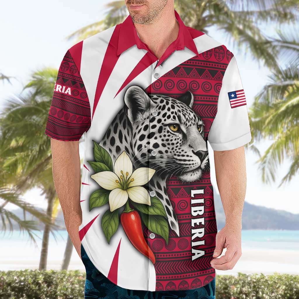 Liberia Hawaiian Shirt with Leopard Head, White Lily, and Red Chili Tribal Design - Wonder Print Shop