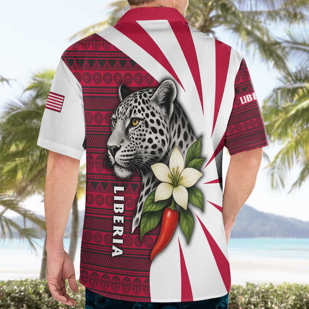 Liberia Hawaiian Shirt with Leopard Head, White Lily, and Red Chili Tribal Design - Wonder Print Shop