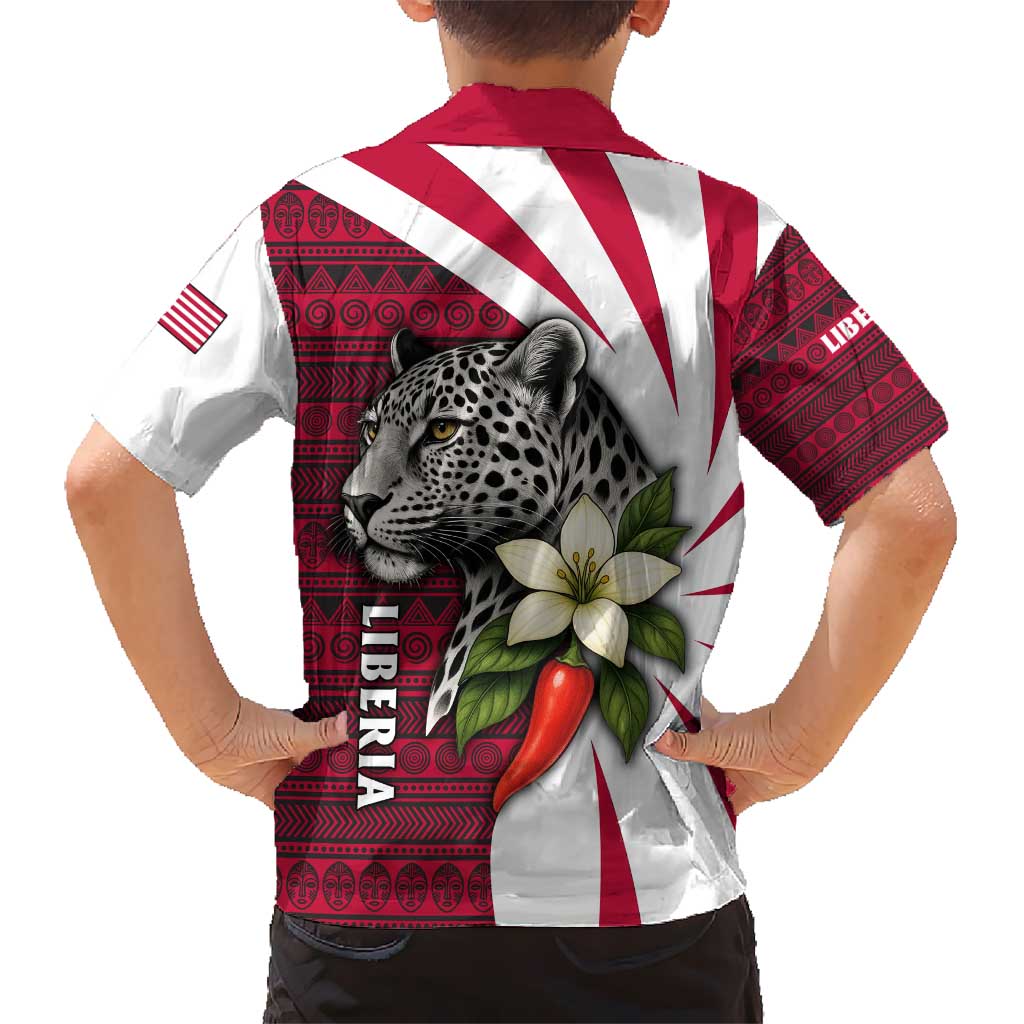 Liberia Kid Hawaiian Shirt with Leopard Head, White Lily, and Red Chili Tribal Design - Wonder Print Shop