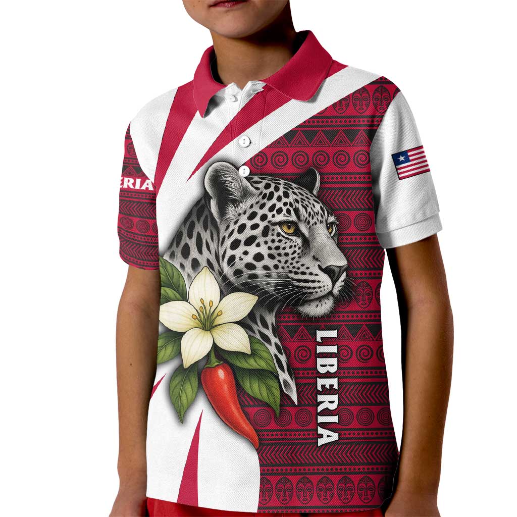 Liberia Kid Polo Shirt with Leopard Head, White Lily, and Red Chili Tribal Design - Wonder Print Shop