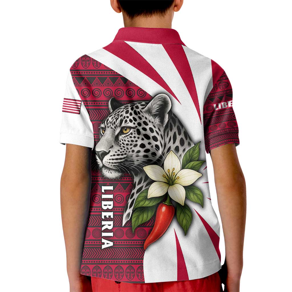 Liberia Kid Polo Shirt with Leopard Head, White Lily, and Red Chili Tribal Design - Wonder Print Shop
