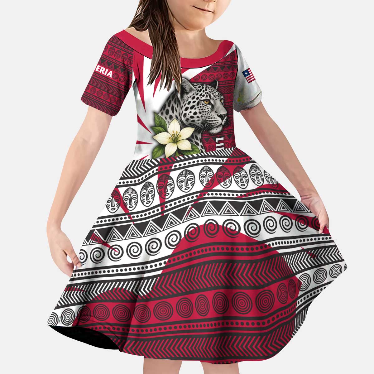 Liberia Kid Short Sleeve Dress with Leopard Head, White Lily, and Red Chili Tribal Design - Wonder Print Shop