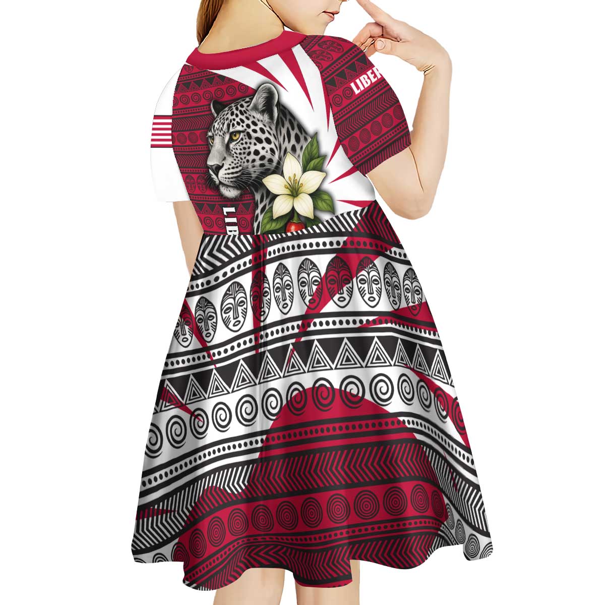 Liberia Kid Short Sleeve Dress with Leopard Head, White Lily, and Red Chili Tribal Design - Wonder Print Shop