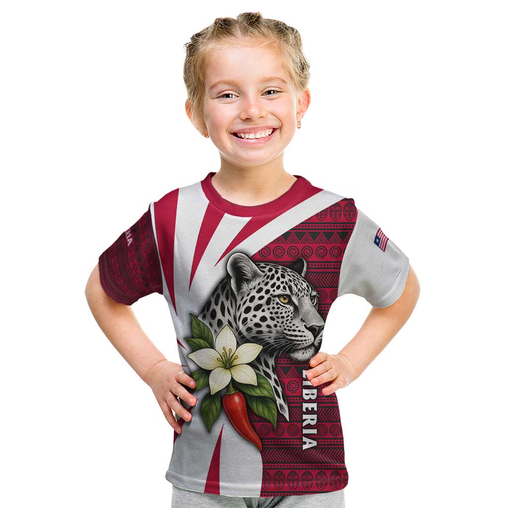 Liberia Kid T Shirt with Leopard Head, White Lily, and Red Chili Tribal Design - Wonder Print Shop