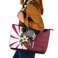 Liberia Leather Tote Bag with Leopard Head, White Lily, and Red Chili Tribal Design - Wonder Print Shop