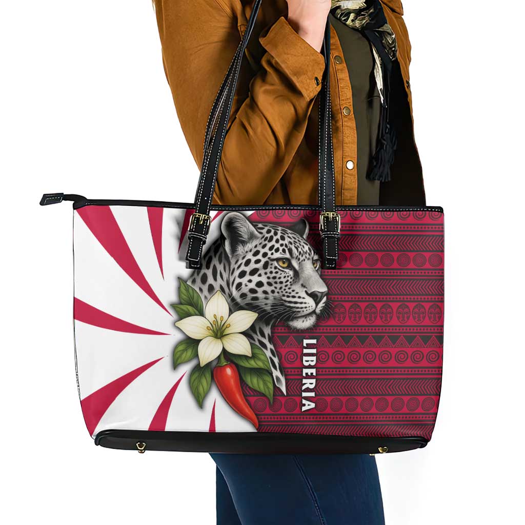 Liberia Leather Tote Bag with Leopard Head, White Lily, and Red Chili Tribal Design - Wonder Print Shop