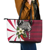 Liberia Leather Tote Bag with Leopard Head, White Lily, and Red Chili Tribal Design - Wonder Print Shop