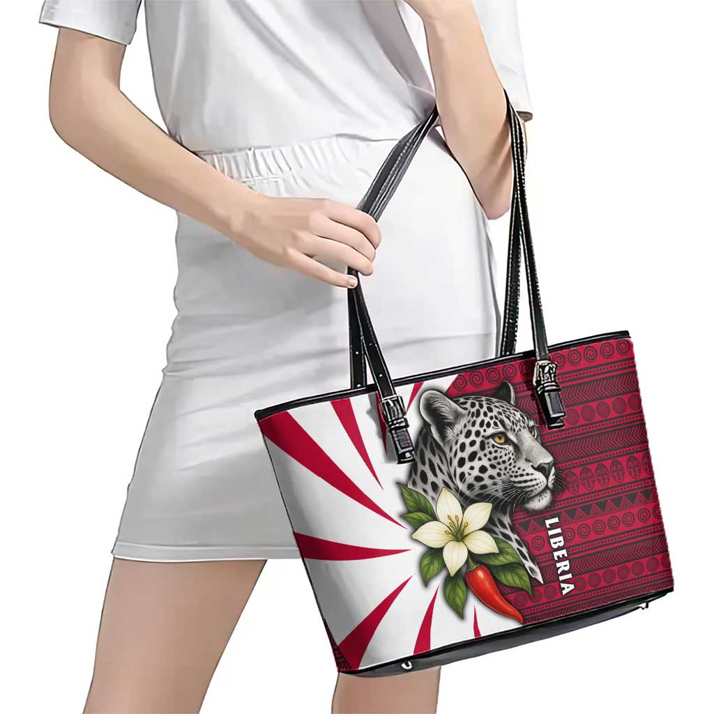 Liberia Leather Tote Bag with Leopard Head, White Lily, and Red Chili Tribal Design - Wonder Print Shop