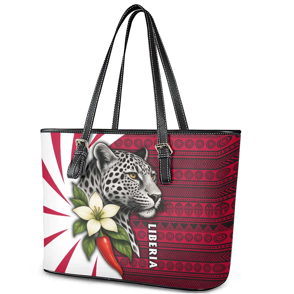 Liberia Leather Tote Bag with Leopard Head, White Lily, and Red Chili Tribal Design - Wonder Print Shop