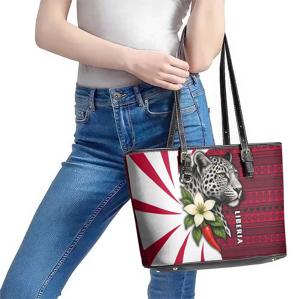 Liberia Leather Tote Bag with Leopard Head, White Lily, and Red Chili Tribal Design - Wonder Print Shop