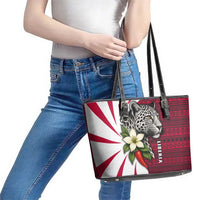 Liberia Leather Tote Bag with Leopard Head, White Lily, and Red Chili Tribal Design - Wonder Print Shop
