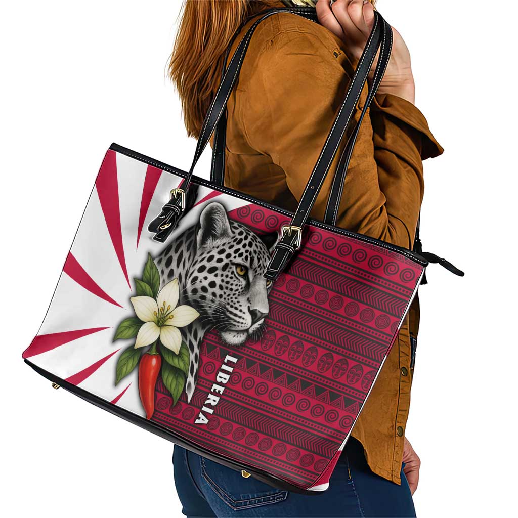 Liberia Leather Tote Bag with Leopard Head, White Lily, and Red Chili Tribal Design - Wonder Print Shop
