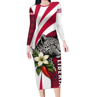 Liberia Long Sleeve Bodycon Dress with Leopard Head, White Lily, and Red Chili Tribal Design - Wonder Print Shop